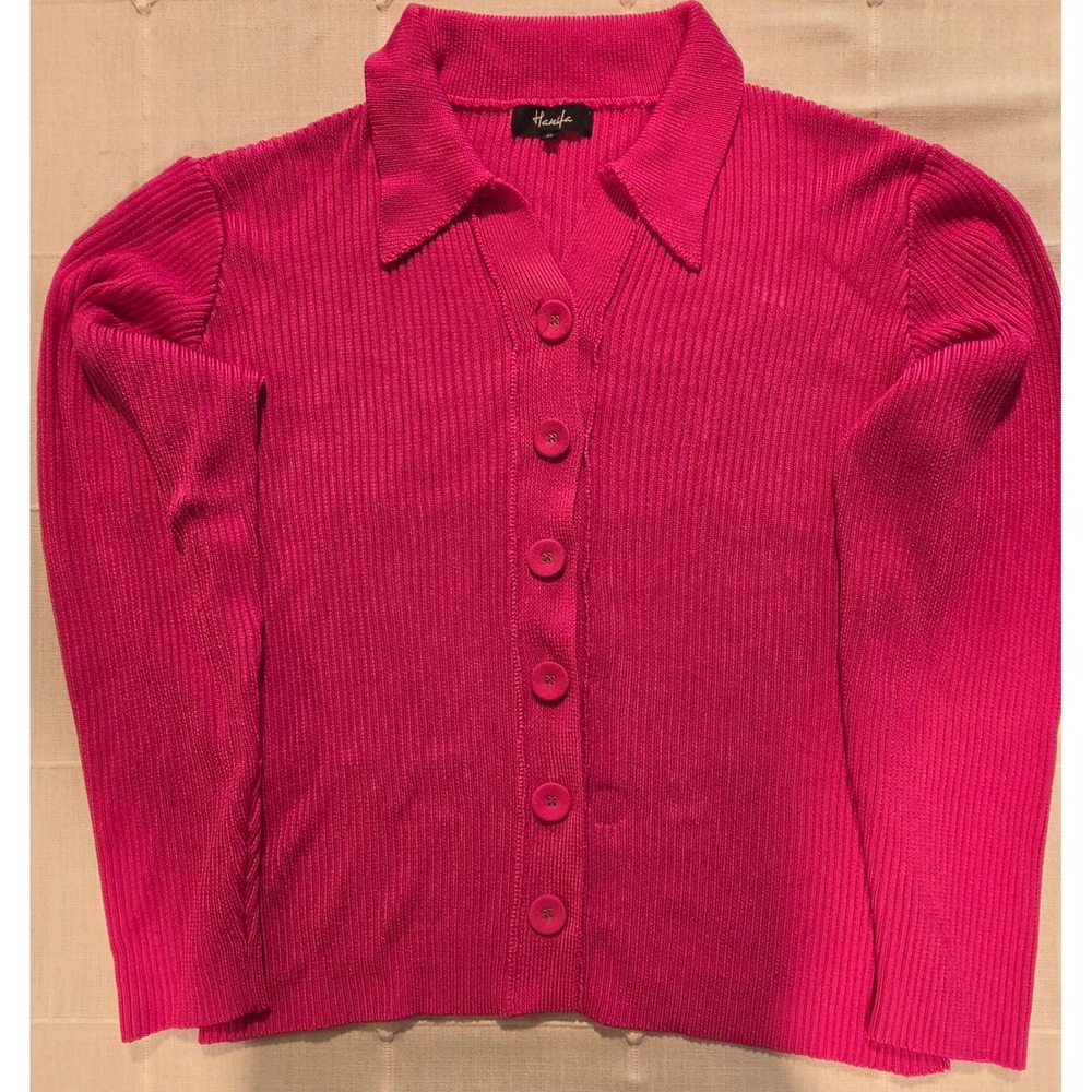 Hanifa Miya Pink Ribbed Knit Button Up Cardigan Sweater XL